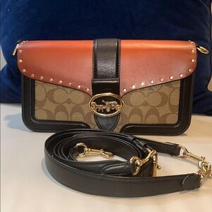 Coach Signature Canvas Crossbody with Rust Top and Black Trim